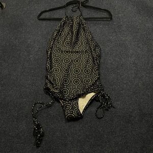 Cleobella Swimsuit Womens Medium Black Halter One Piece Metallic Print Gold